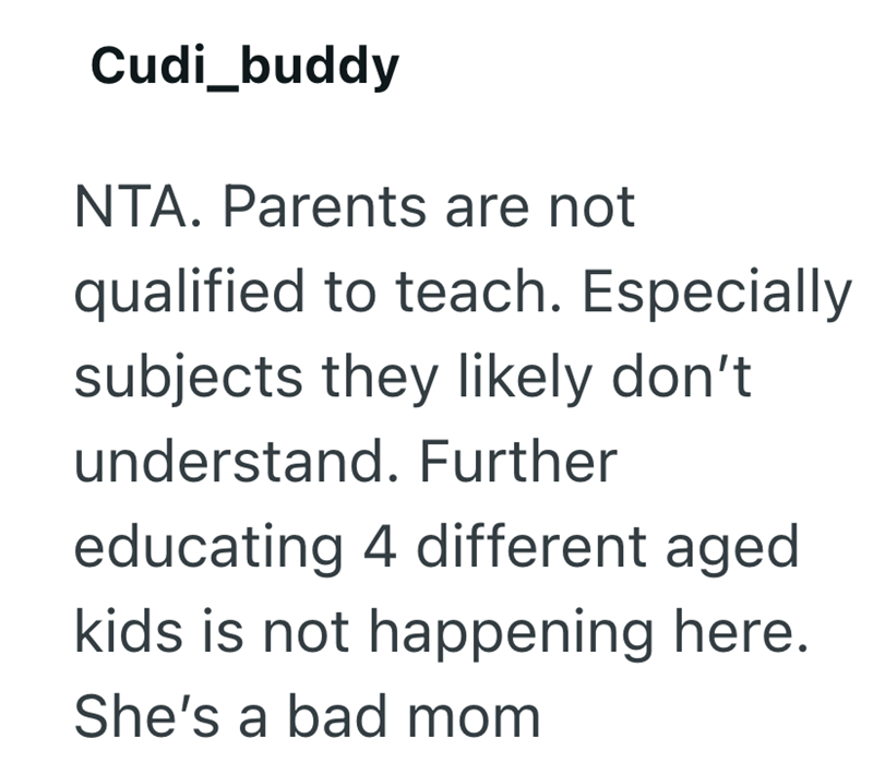 Cudi_buddy NTA. Parents are not qualified to teach. Especially subjects they likely don't understand. Further educating 4 different aged kids is not happening here. She's a bad mom