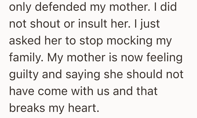 only defended my mother. I did not shout or insult her. I just asked her to stop mocking my family. My mother is now feeling guilty and saying she should not have come with us and that breaks my heart.