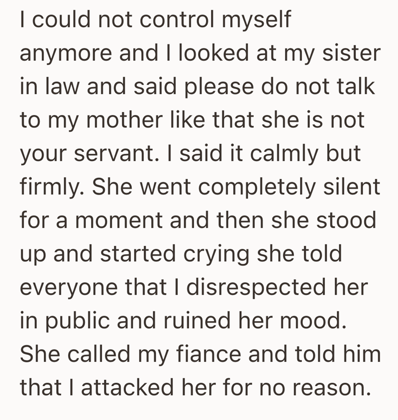 I could not control myself anymore and I looked at my sister in law and said please do not talk to my mother like that she is not your servant. I said it calmly but firmly. She went completely silent for a moment and then she stood up and started crying she told everyone that I disrespected her in public and ruined her mood. She called my fiance and told him that I attacked her for no reason.