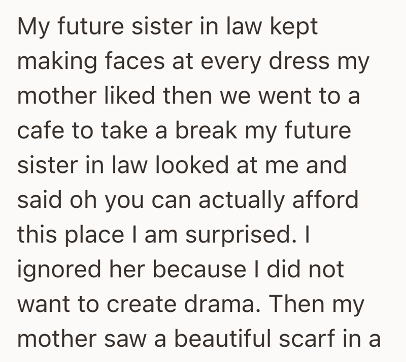 My future sister in law kept making faces at every dress my mother liked then we went to a cafe to take a break my future sister in law looked at me and said oh you can actually afford this place I am surprised. I ignored her because I did not want to create drama. Then my mother saw a beautiful scarf in a