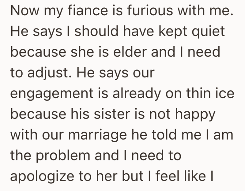Now my fiance is furious with me. He says I should have kept quiet because she is elder and I need to adjust. He says our engagement is already on thin ice because his sister is not happy with our marriage he told me I am the problem and I need to apologize to her but I feel like I