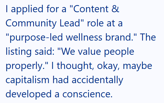 I applied for a "Content & Community Lead" role at a "purpose-led wellness brand." The listing said: "We value people properly." I thought, okay, maybe capitalism had accidentally developed a conscience.