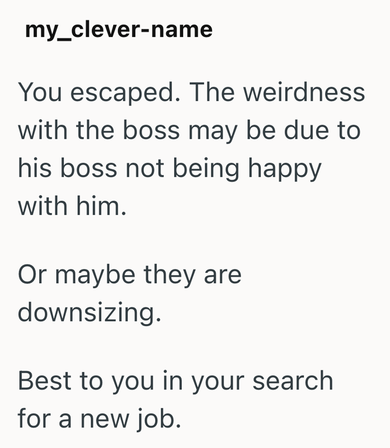 my_clever-name You escaped. The weirdness with the boss may be due to his boss not being happy with him. Or maybe they are downsizing. Best to you in your search for a new job.