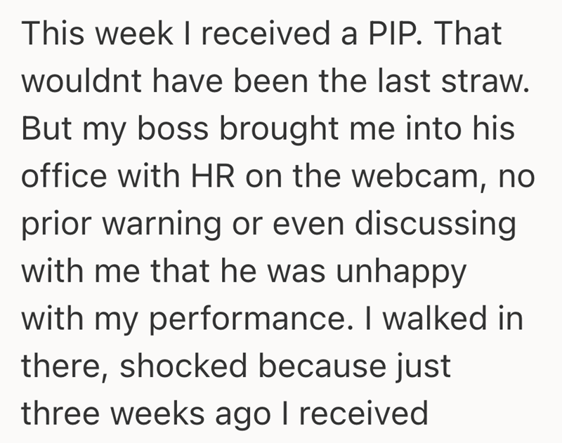 This week I received a PIP. That wouldnt have been the last straw. But my boss brought me into his office with HR on the webcam, no prior warning or even discussing with me that he was unhappy with my performance. I walked in there, shocked because just three weeks ago I received
