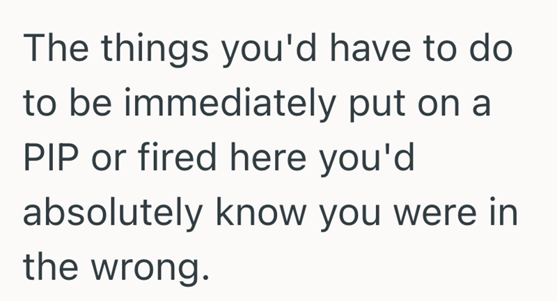 The things you'd have to do to be immediately put on a PIP or fired here you'd absolutely know you were in the wrong.