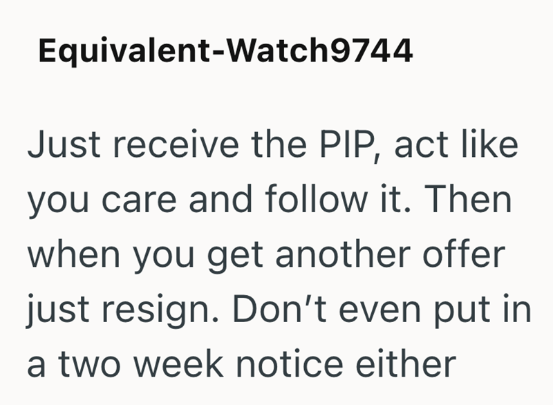 Equivalent-Watch9744 Just receive the PIP, act like you care and follow it. Then when you get another offer just resign. Don't even put in a two week notice either