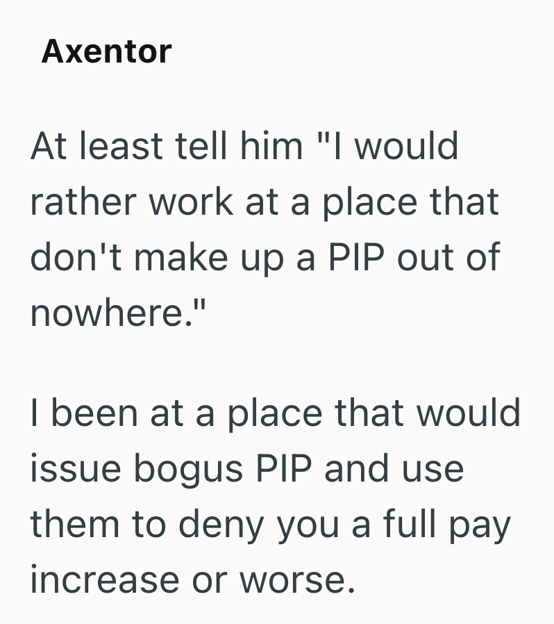 Axentor At least tell him "I would rather work at a place that don't make up a PIP out of nowhere." I been at a place that would issue bogus PIP and use them to deny you a full pay increase or worse.