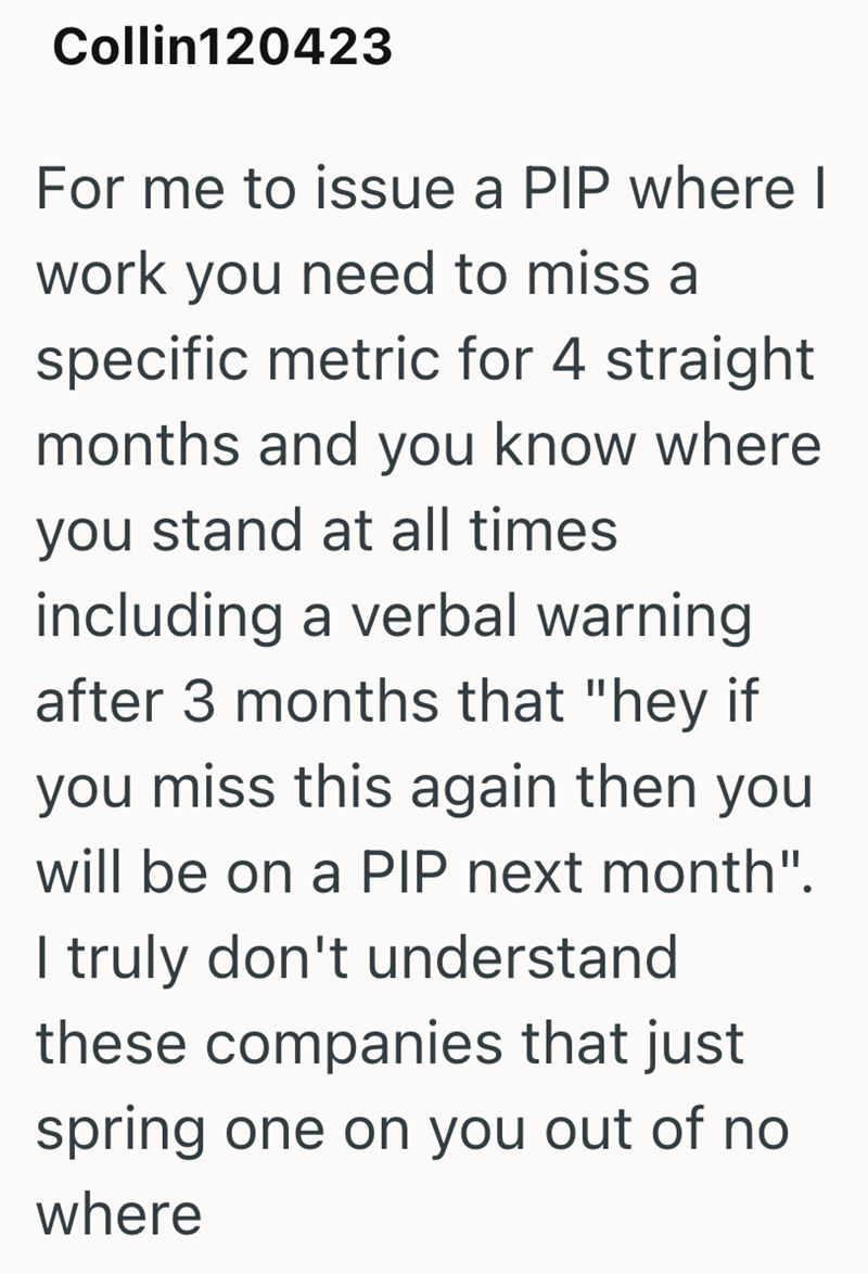 Collin120423 For me to issue a PIP where I work you need to miss a specific metric for 4 straight months and you know where you stand at all times including a verbal warning after 3 months that "hey if you miss this again then you will be on a PIP next month". I truly don't understand these companies that just spring one on you out of no where