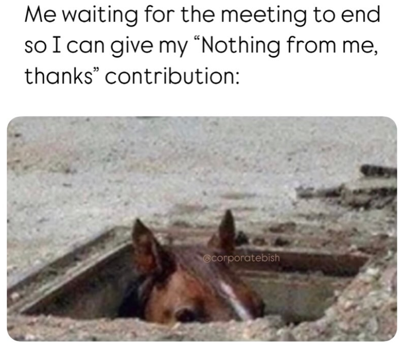 Me waiting for the meeting to end so I can give my “Nothing from me, thanks" contribution: corporatebish
