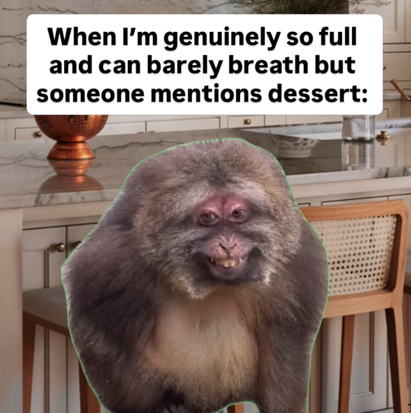 When I'm genuinely so full and can barely breath but someone mentions dessert: