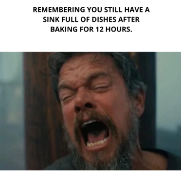 REMEMBERING YOU STILL HAVE A SINK FULL OF DISHES AFTER BAKING FOR 12 HOURS.