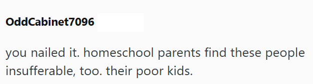 OddCabinet7096 you nailed it. homeschool parents find these people insufferable, too. their poor kids.