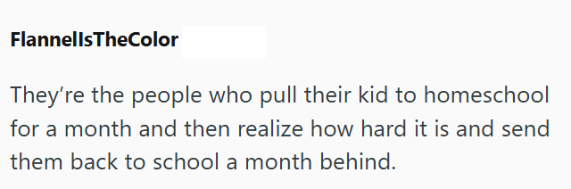 FlannellsTheColor They're the people who pull their kid to homeschool for a month and then realize how hard it is and send them back to school a month behind.