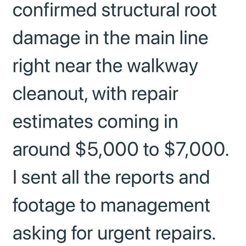 confirmed structural root damage in the main line right near the walkway cleanout, with repair estimates coming in around $5,000 to $7,000. I sent all the reports and footage to management asking for urgent repairs.