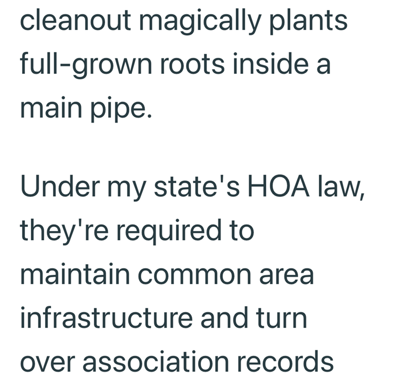 cleanout magically plants full-grown roots inside a main pipe. Under my state's HOA law, they're required to maintain common area infrastructure and turn over association records