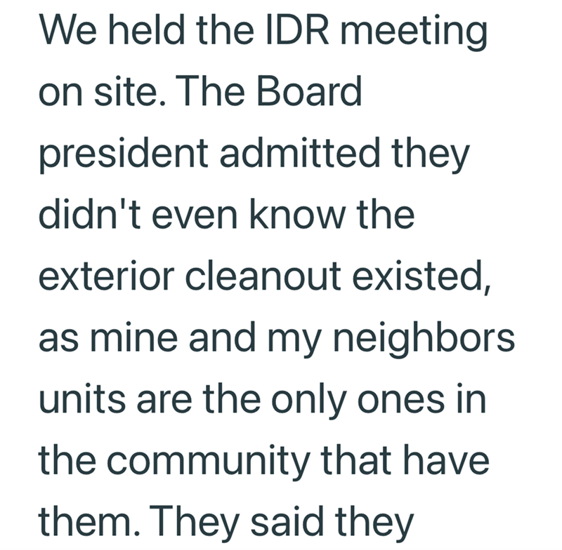 We held the IDR meeting on site. The Board president admitted they didn't even know the exterior cleanout existed, as mine and my neighbors. units are the only ones in the community that have them. They said they