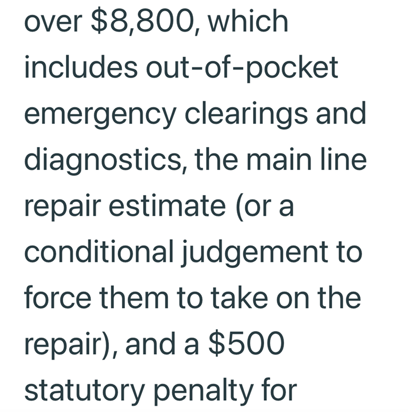 over $8,800, which includes out-of-pocket emergency clearings and diagnostics, the main line repair estimate (or a conditional judgement to force them to take on the repair), and a $500 statutory penalty for