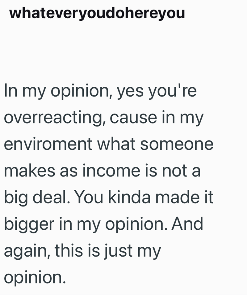 whateveryoudohereyou In my opinion, yes you're overreacting, cause in my enviroment what someone makes as income is not a big deal. You kinda made it bigger in my opinion. And again, this is just my opinion.