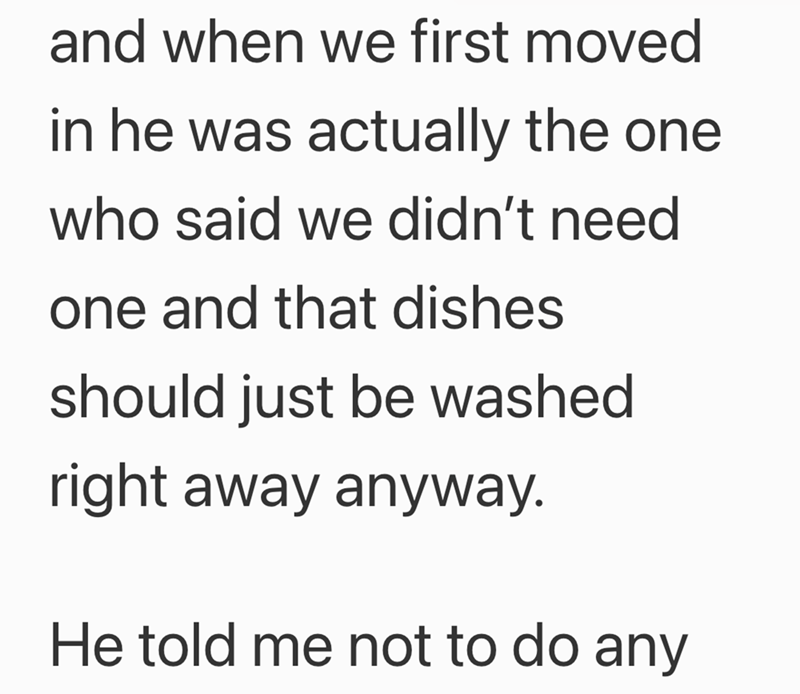 and when we first moved in he was actually the one who said we didn't need one and that dishes should just be washed right away anyway. He told me not to do any
