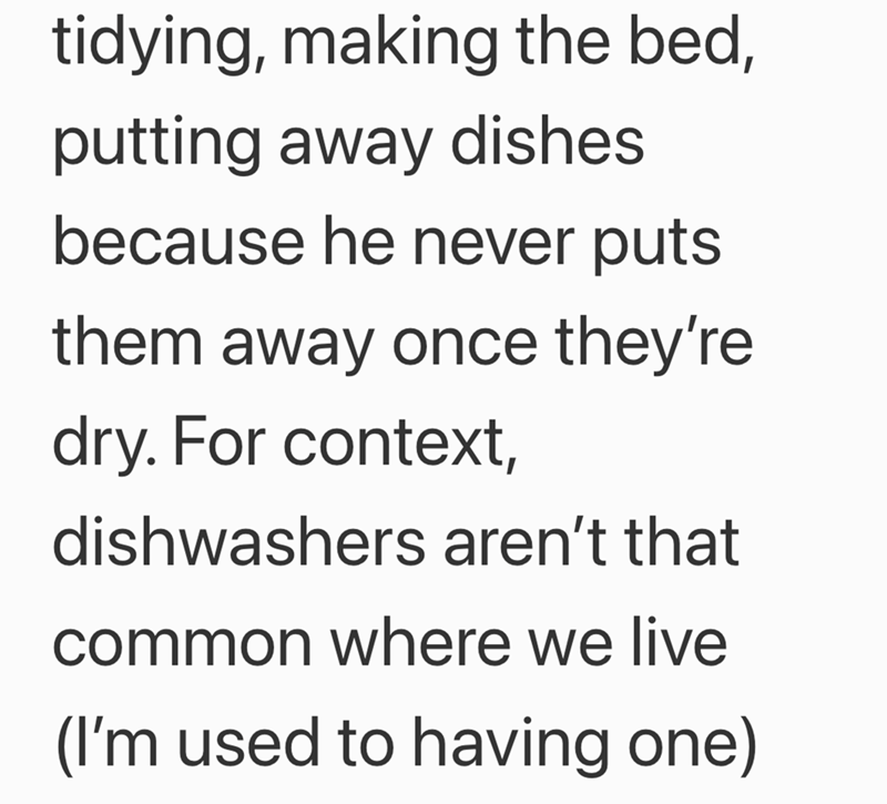 tidying, making the bed, putting away dishes because he never puts them away once they're dry. For context, dishwashers aren't that common where we live (I'm used to having one)