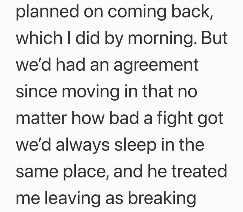 planned on coming back, which I did by morning. But we'd had an agreement since moving in that no matter how bad a fight got we'd always sleep in the same place, and he treated me leaving as breaking