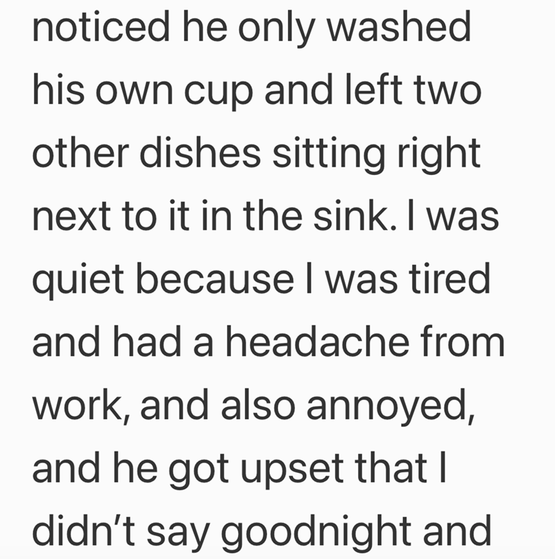 noticed he only washed his own cup and left two other dishes sitting right next to it in the sink. I was quiet because I was tired and had a headache from work, and also annoyed, and he got upset that I didn't say goodnight and