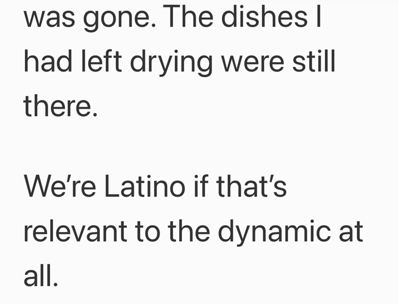 was gone. The dishes I had left drying were still there. We're Latino if that's relevant to the dynamic at all.