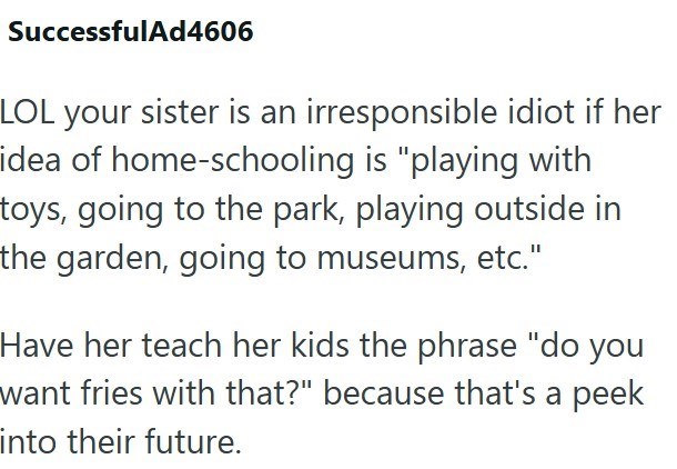 SuccessfulAd4606 LOL your sister is an irresponsible idiot if her idea of home-schooling is "playing with toys, going to the park, playing outside in the garden, going to museums, etc." Have her teach her kids the phrase "do you want fries with that?" because that's a peek into their future.