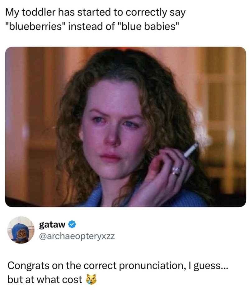 My toddler has started to correctly say "blueberries" instead of "blue babies" gataw @archaeopteryxzz Congrats on the correct pronunciation, I guess... but at what cost