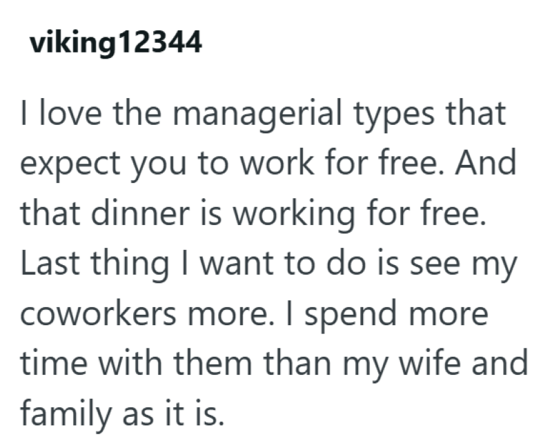 viking12344 I love the managerial types that expect you to work for free. And that dinner is working for free. Last thing I want to do is see my coworkers more. I spend more time with them than my wife and family as it is.