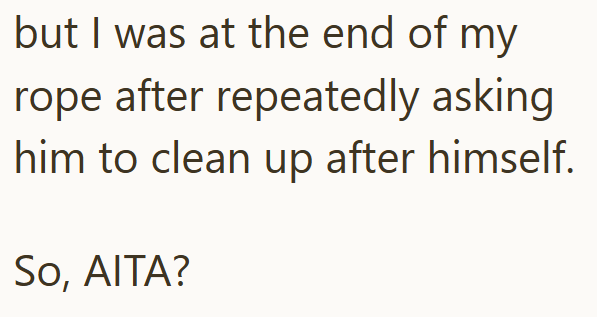 but I was at the end of my rope after repeatedly asking him to clean up after himself. So, AITA?