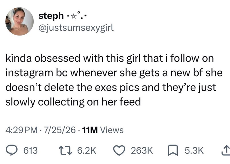 steph **.* @justsumsexygirl kinda obsessed with this girl that i follow on instagram bc whenever she gets a new bf she doesn't delete the exes pics and they're just slowly collecting on her feed 4:29 PM 7/25/26 11M Views 613 16.2K 263K 5.3K