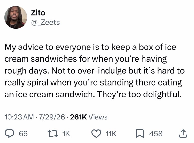 Zito @ Zeets My advice to everyone is to keep a box of ice cream sandwiches for when you're having rough days. Not to over-indulge but it's hard to really spiral when you're standing there eating an ice cream sandwich. They're too delightful. 10:23 AM 7/29/26 261K Views • . 66 17 1K 11K 458 ↑