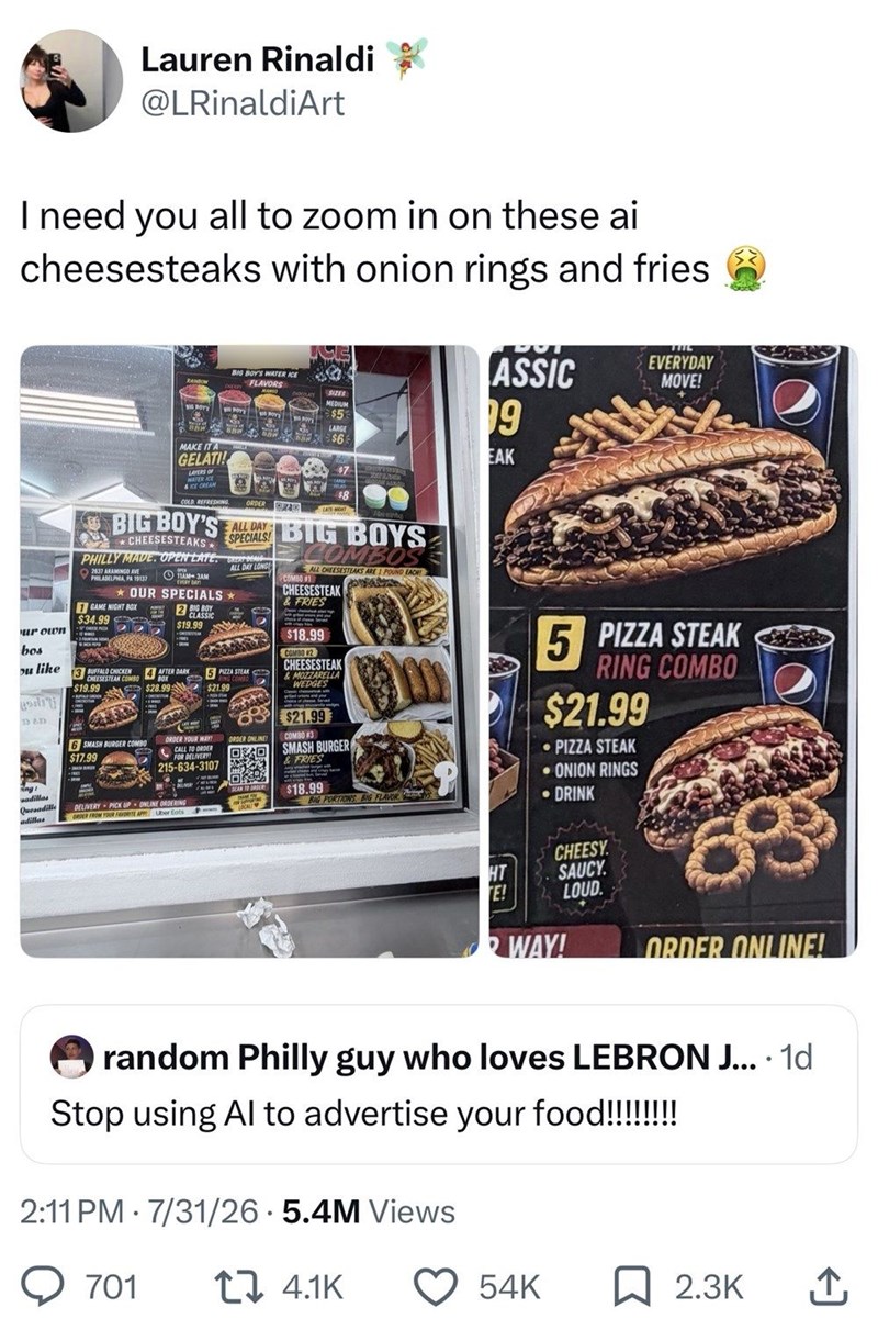Lauren Rinaldi @LRinaldiArt I need you all to zoom in on these ai cheesesteaks with onion rings and fries ROY MAKE IT A GELATI! LAYERS OF WATER TITE ASSIC EVERYDAY MOVE! BIG BOY'S WATER ICE FLAVORS SIZES MEDIUM $5 LARGE $6 9 EAK COLD REFRESHING BIG BOY'S CHEESESTEAKS PHILLY MADE. OPEN LATE O2637 ARAMINGO AVE PHILADELPHIA, PA 19137 11AM-3AM ORDER LATE SPECIALS BIG BOYS COMBO ALL DAY LONGE OUR SPECIALS⭑> 1 GAME NIGHT BOX $34.99 ur own 2 BIG BOY CLASSIC $19.99 bos ou like 13 BUFFALO CHICKEN 4 AFTER