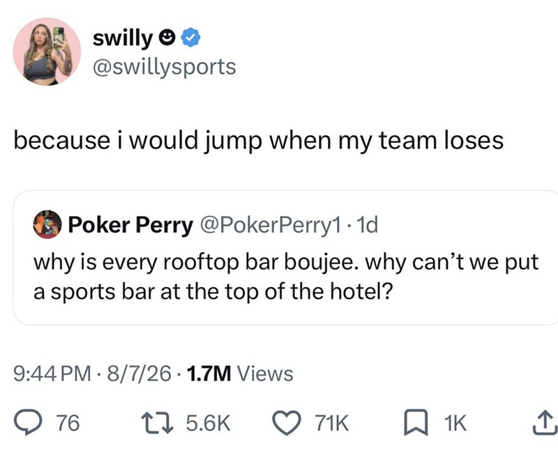 swilly →→ @swillysports because i would jump when my team loses Poker Perry @PokerPerry1.1d why is every rooftop bar boujee. why can't we put a sports bar at the top of the hotel? 9:44 PM 8/7/26 1.7M Views 76 15.6K 71K 1K ↑