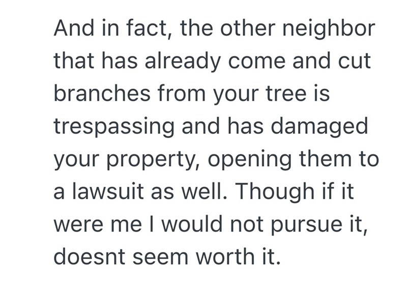 And in fact, the other neighbor that has already come and cut branches from your tree is trespassing and has damaged your property, opening them to a lawsuit as well. Though if it were me I would not pursue it, doesnt seem worth it.