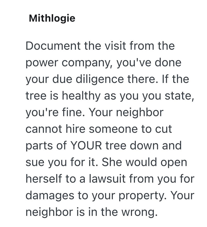 Mithlogie Document the visit from the power company, you've done your due diligence there. If the tree is healthy as you you state, you're fine. Your neighbor cannot hire someone to cut parts of YOUR tree down and sue you for it. She would open herself to a lawsuit from you for damages to your property. Your neighbor is in the wrong.