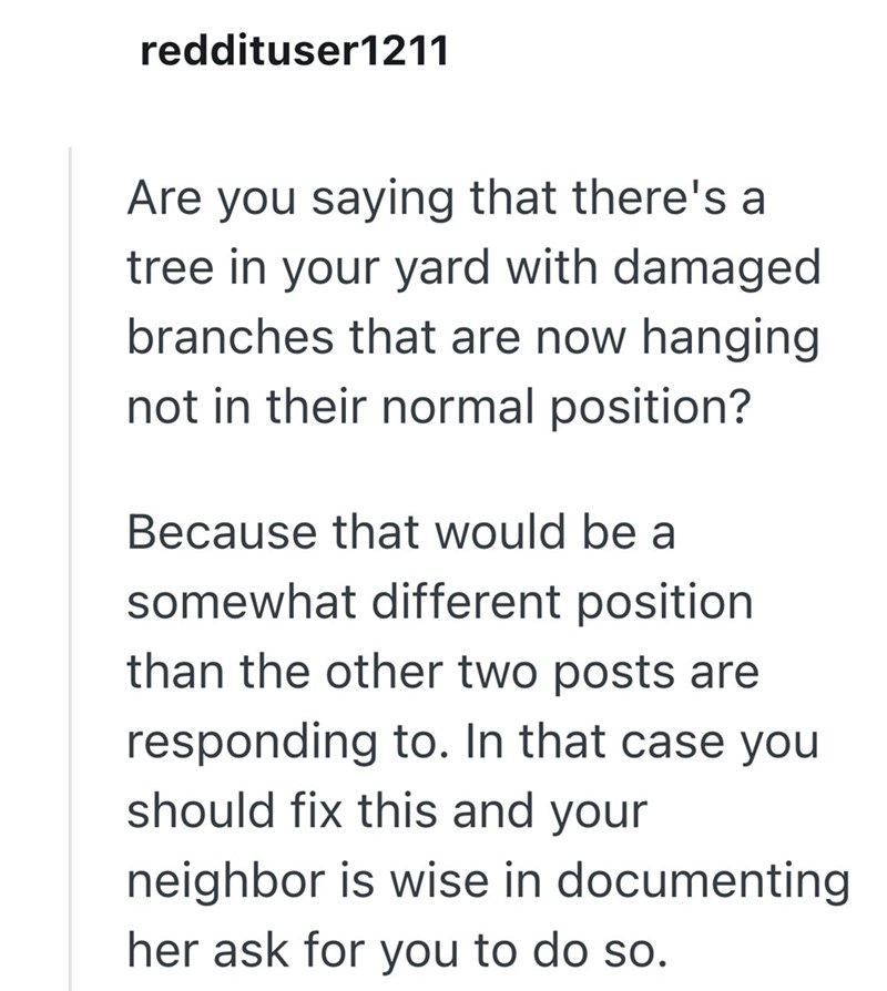 reddituser1211 Are you saying that there's a tree in your yard with damaged branches that are now hanging not in their normal position? Because that would be a somewhat different position than the other two posts are responding to. In that case you should fix this and your neighbor is wise in documenting her ask for you to do so.