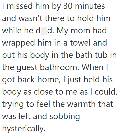 I missed him by 30 minutes and wasn't there to hold him while he død. My mom had wrapped him in a towel and put his body in the bath tub in the guest bathroom. When I got back home, I just held his body as close to me as I could, trying to feel the warmth that was left and sobbing hysterically.
