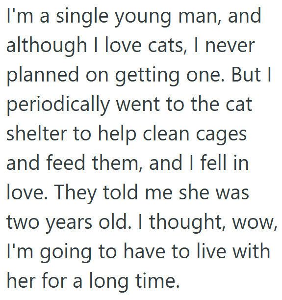 I'm a single young man, and although I love cats, I never planned on getting one. But I periodically went to the cat shelter to help clean cages and feed them, and I fell in love. They told me she was two years old. I thought, wow, I'm going to have to live with her for a long time.