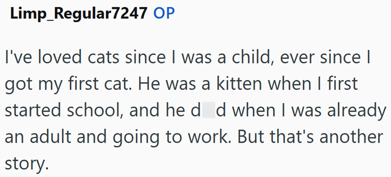 Limp Regular7247 OP I've loved cats since I was a child, ever since | got my first cat. He was a kitten when I first started school, and he d d when I was already an adult and going to work. But that's another story.