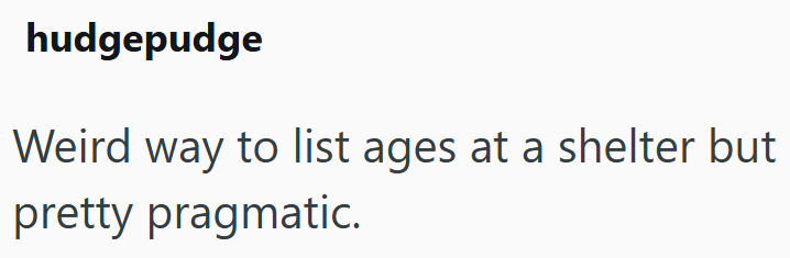 hudgepudge Weird way to list ages at a shelter but pretty pragmatic.