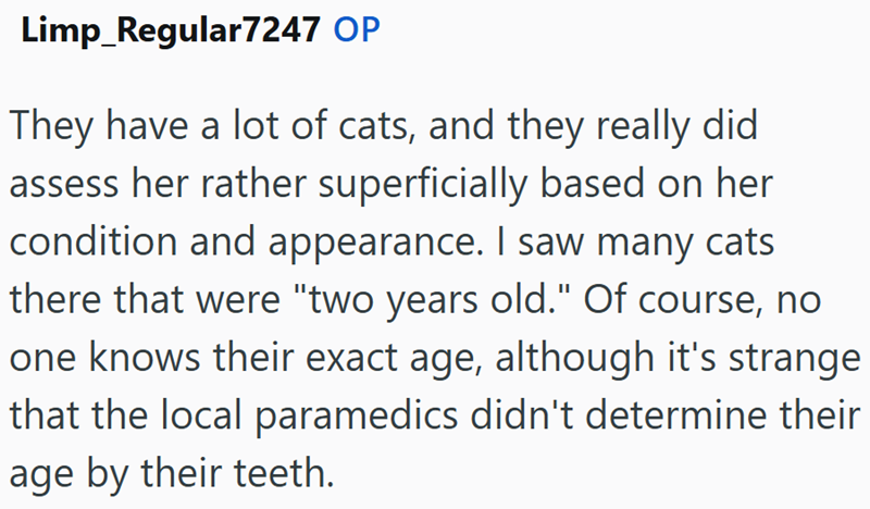 Limp Regular7247 OP They have a lot of cats, and they really did assess her rather superficially based on her condition and appearance. I saw many cats there that were "two years old." Of course, no one knows their exact age, although it's strange that the local paramedics didn't determine their age by their teeth.