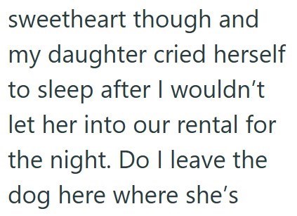 sweetheart though and my daughter cried herself to sleep after I wouldn't let her into our rental for the night. Do I leave the dog here where she's