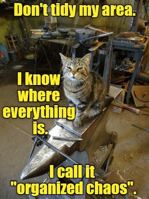 Don't tidy my area. I know where everything is. I call it "organized chaos".
