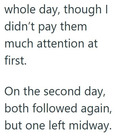 whole day, though I didn't pay them much attention at first. On the second day, both followed again, but one left midway.