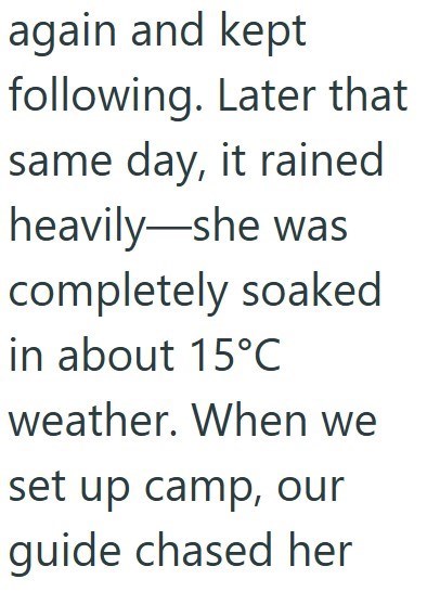 again and kept following. Later that same day, it rained heavily-she was completely soaked in about 15°C weather. When we set up camp, our guide chased her