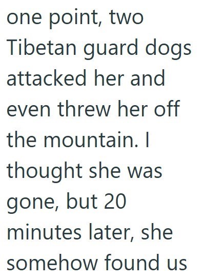 one point, two Tibetan guard dogs attacked her and even threw her off the mountain. I thought she was gone, but 20 minutes later, she somehow found us