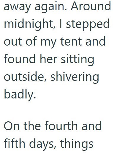 away again. Around midnight, I stepped out of my tent and found her sitting outside, shivering badly. On the fourth and fifth days, things