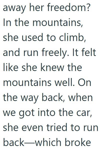 away her freedom? In the mountains, she used to climb, and run freely. It felt like she knew the mountains well. On the way back, when we got into the car, she even tried to run back which broke